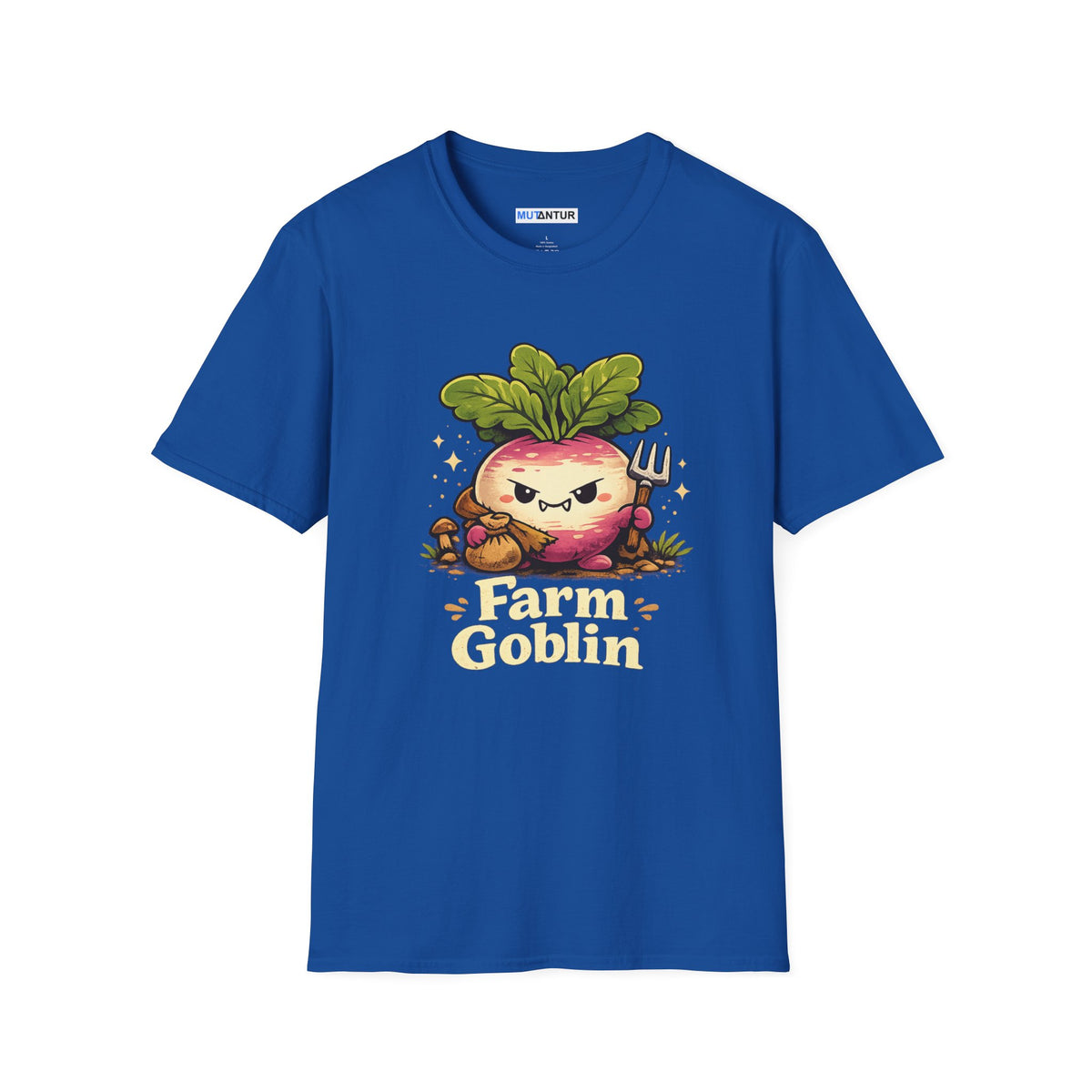 Grumpy Turnip Farm Goblin graphic tee in royal blue, front view flat mockup