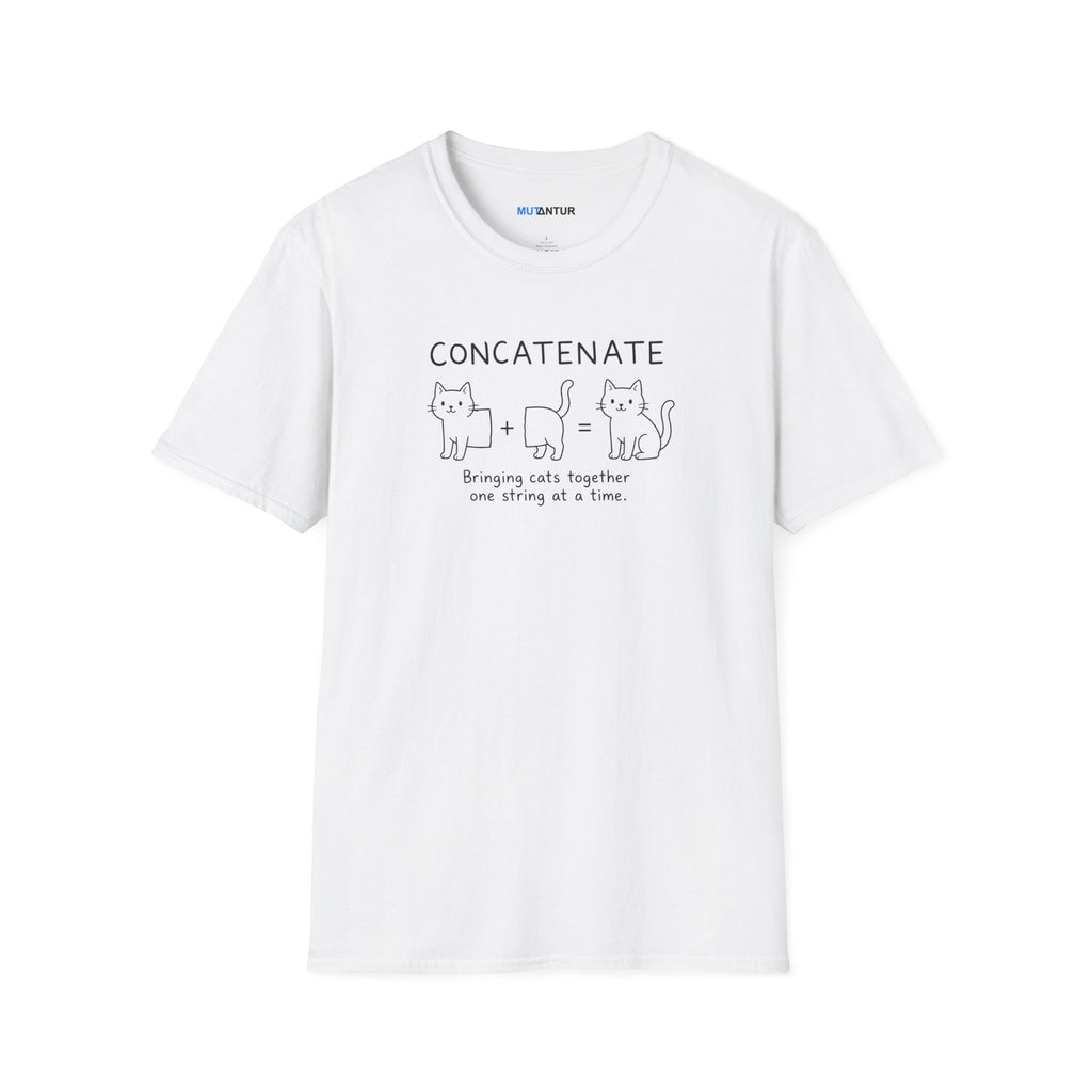 A white short-sleeve t-shirt with a black graphic print on the front. The graphic features the word 'CONCATENATE' above three cartoon cats and the phrase 'Bringing cats together one string at a time.