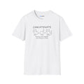 A white short-sleeve t-shirt with a black graphic print on the front. The graphic features the word 'CONCATENATE' above three cartoon cats and the phrase 'Bringing cats together one string at a time.