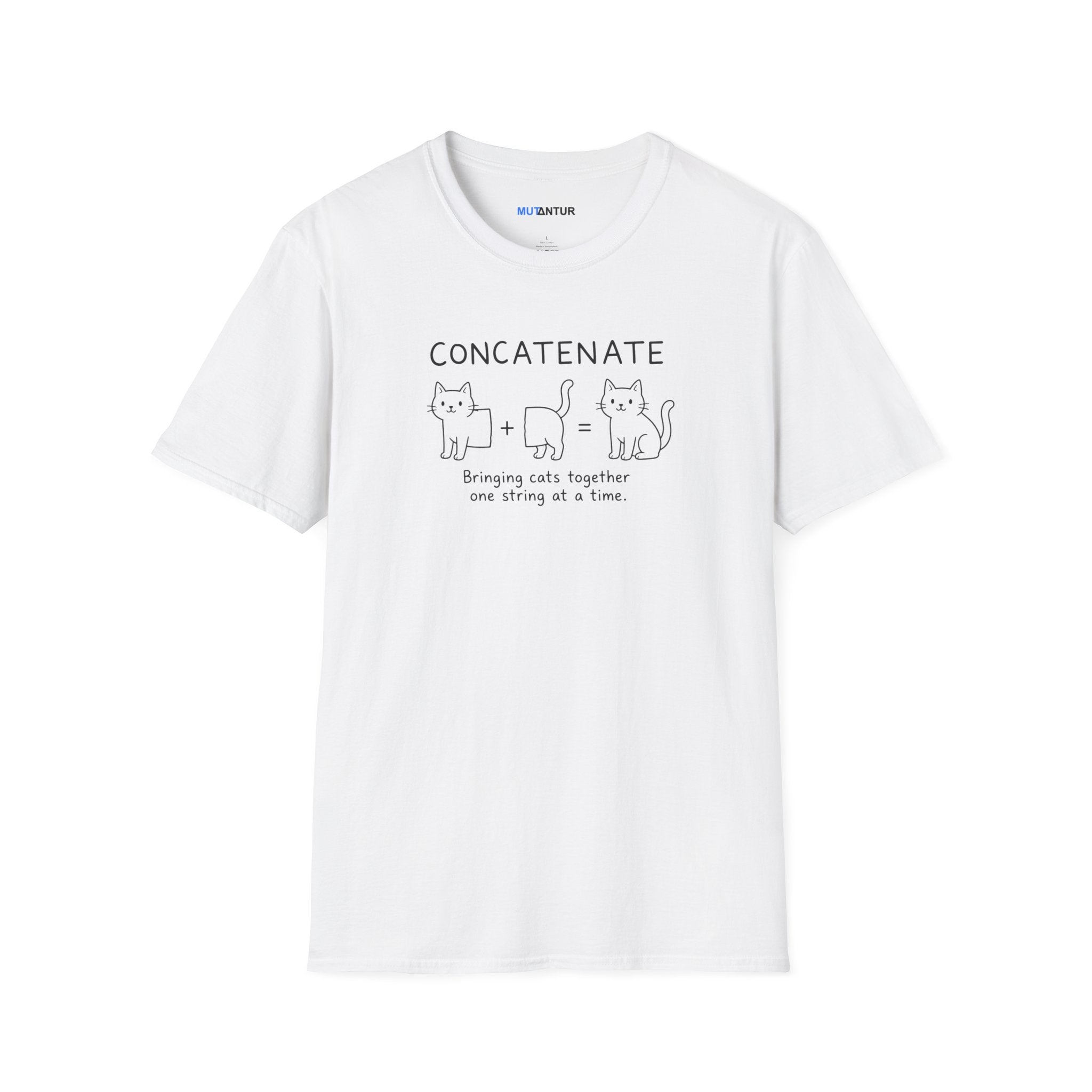 A white short-sleeve t-shirt with a black graphic print on the front. The graphic features the word 'CONCATENATE' above three cartoon cats and the phrase 'Bringing cats together one string at a time.