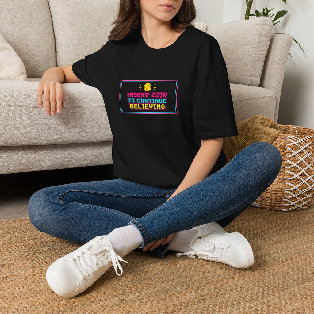 Insert Coin To Continue Believing T-Shirt | Retro Arcade Gamer Tee