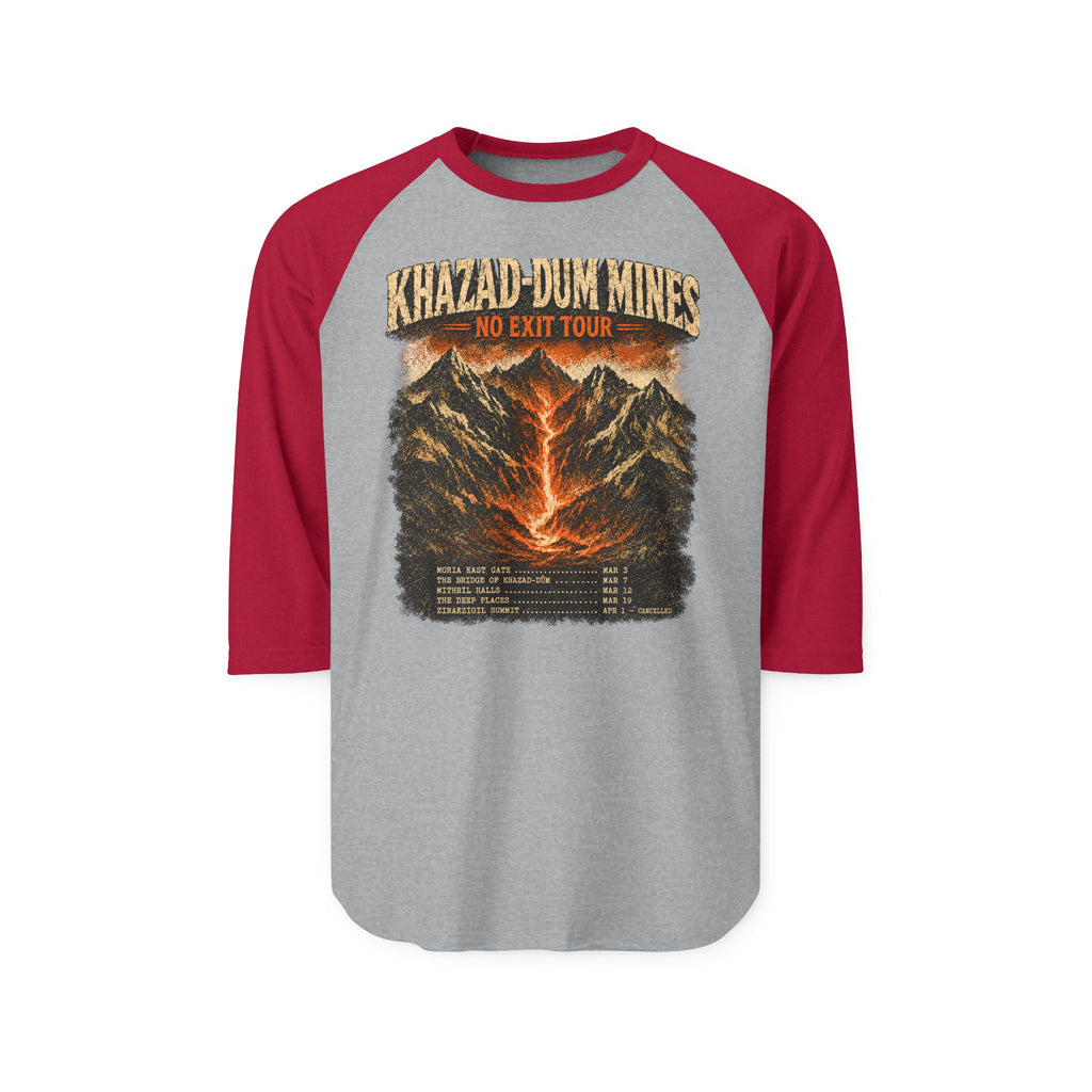 Gray and red baseball shirt with mountain graphic and text on a white background