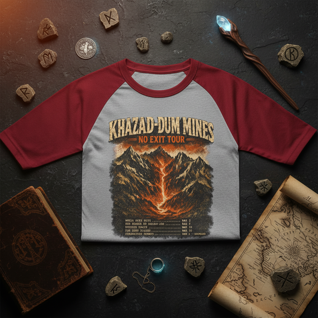 Khazad-Dûm Mines Tour Raglan Shirt — "No Exit Tour" Mountain Volcano Graphic