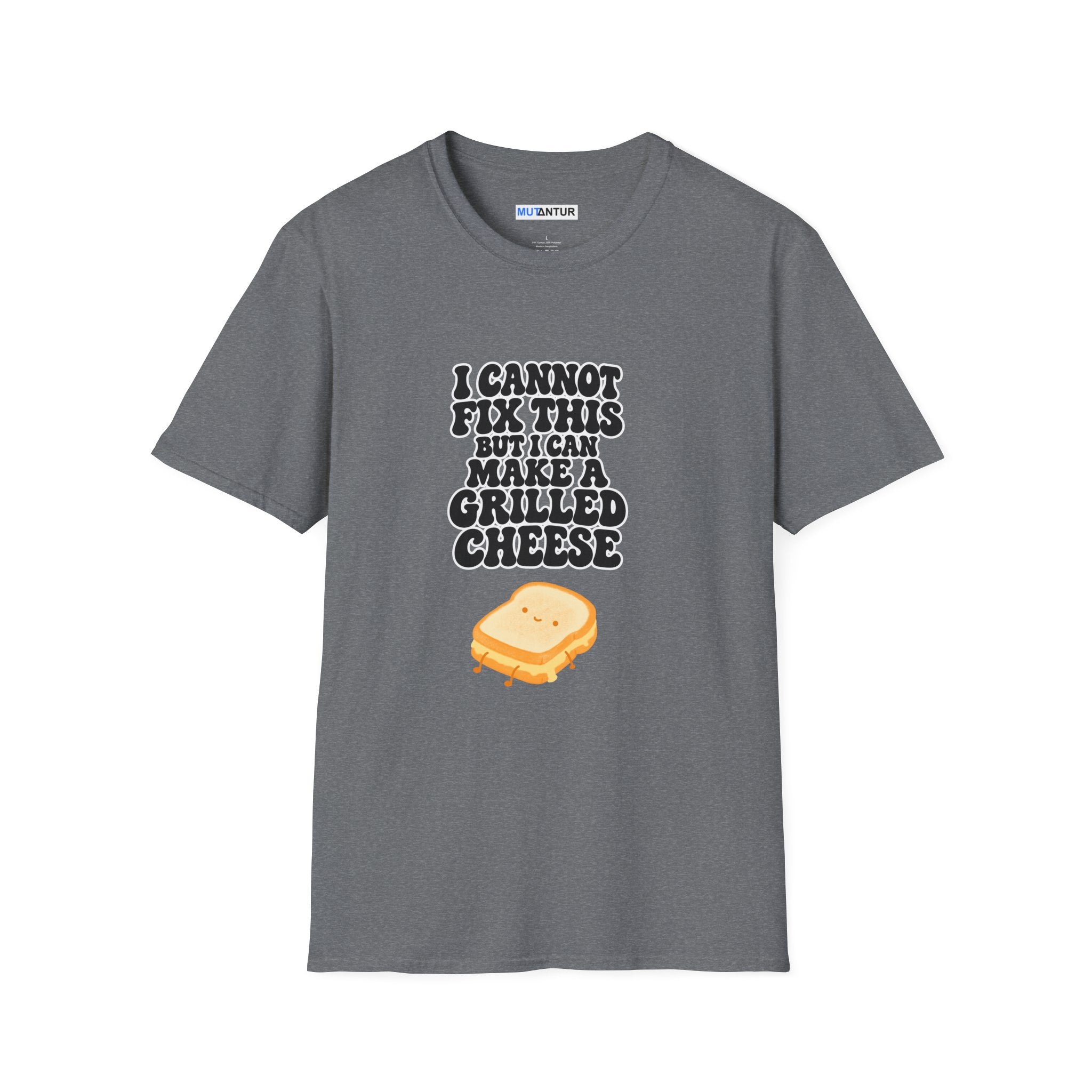 A dark gray short-sleeve t-shirt with a graphic print on the front. The print features the text 'I CANNOT FIX THIS BUT I CAN MAKE A GRILLED CHEESE' in a black distressed font above a cartoon illustration of a grilled cheese sandwich with melted yellow cheese and a small smiley face.