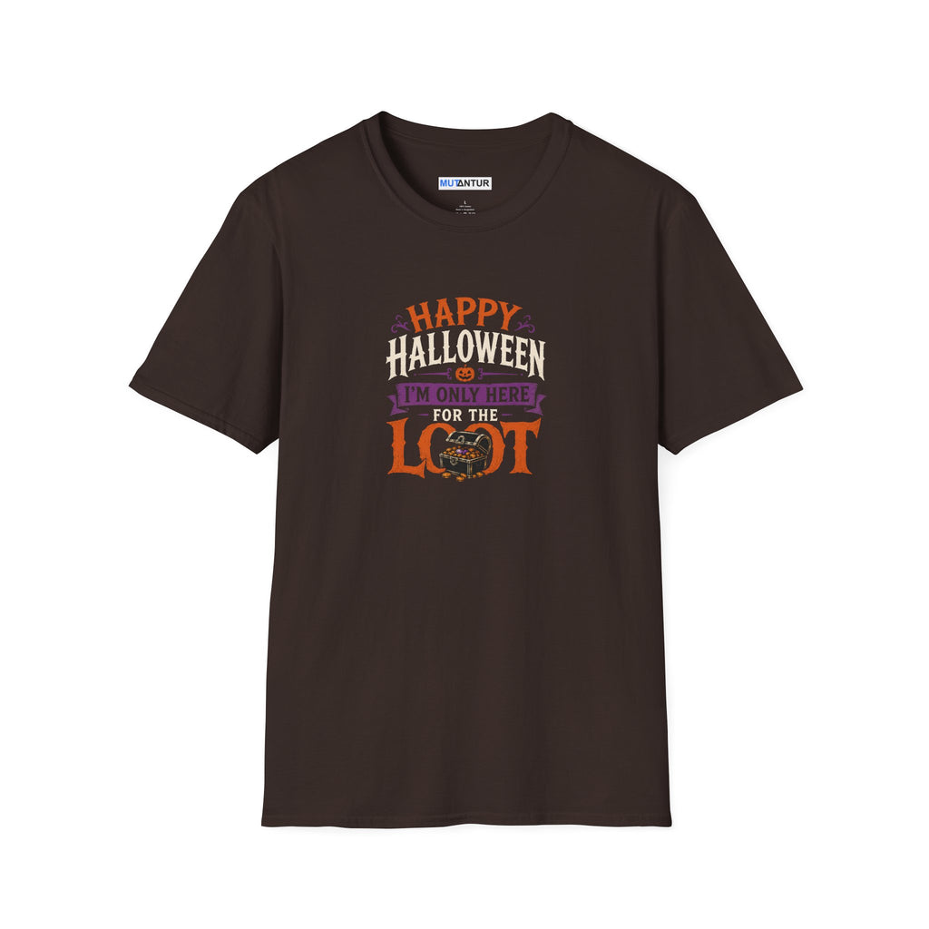 Brown Short sleeved t shirt with colorful Happy Halloween I'm Only Here for The Look