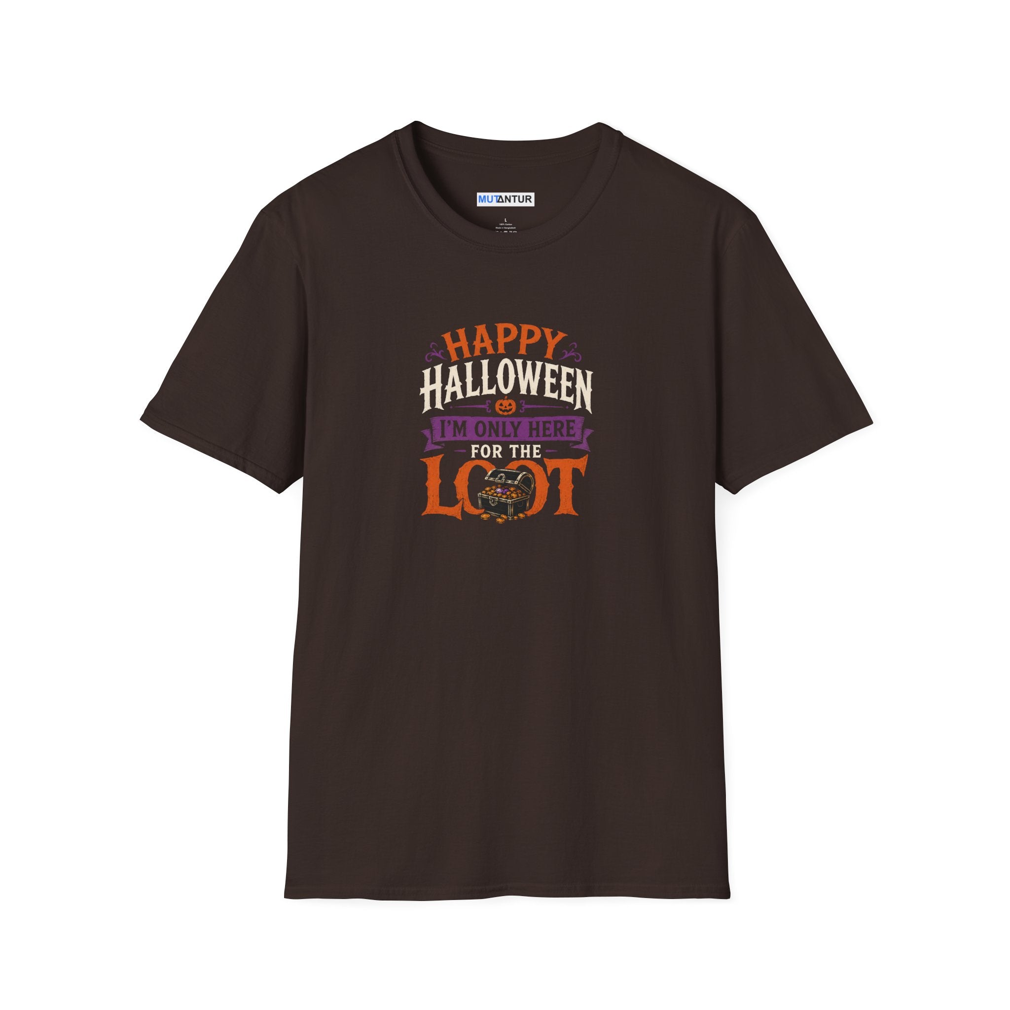 Brown Short sleeved t shirt with colorful Happy Halloween I'm Only Here for The Look