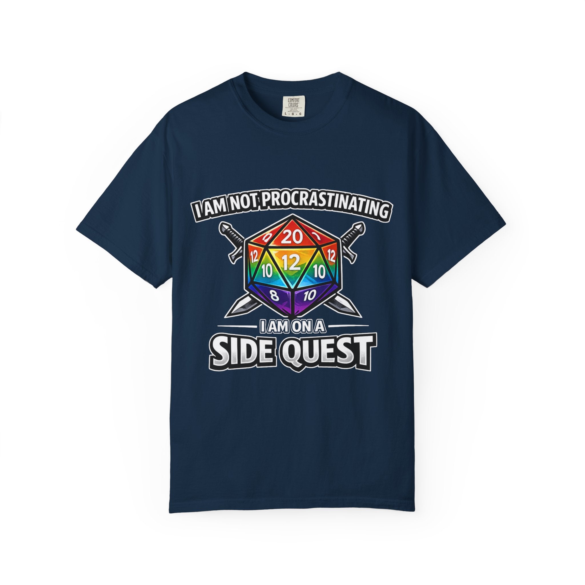 Nerd Humor Gaming I Am Not Procrastinating Side Quest | Rainbow D20 Dice RPG Tee Comfort Colors tee - Mutantur Labs LLC