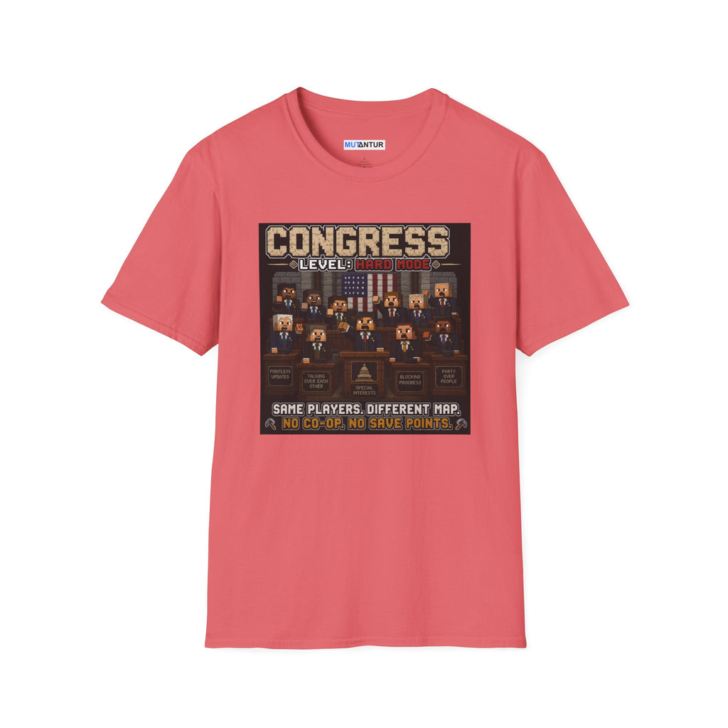 A coral pink short-sleeve t-shirt with a detailed graphic print on the front depicting a retro video game lobby scene with the text 'CONGRESS LEVEL 1000' and 'SAME PLAYERS, DIFFERENT MAP. NO CO-OP.
