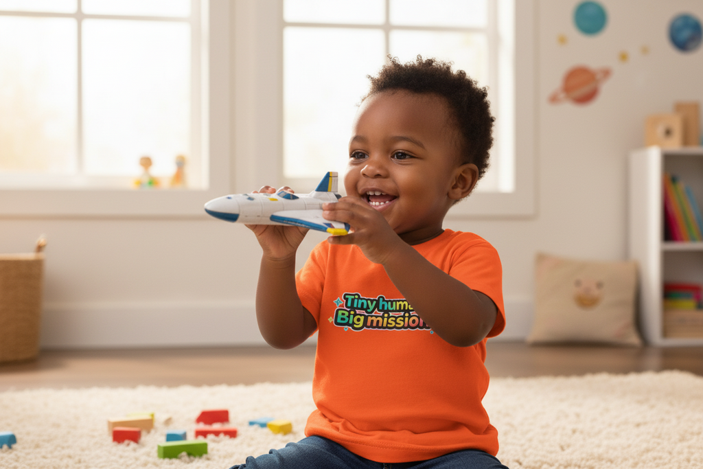 Tiny Human Big Mission Toddler T-Shirt — Colorful Sci-Fi Kids Graphic Tee