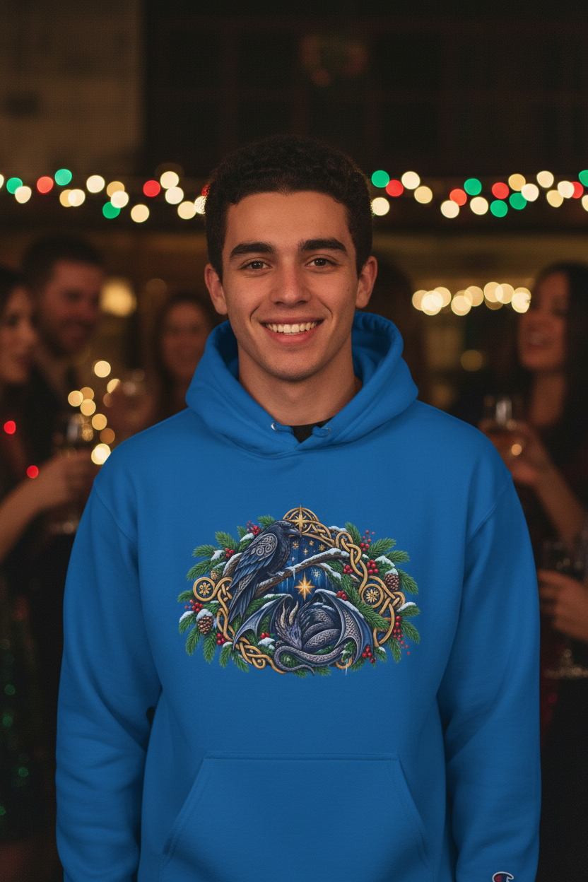 Celtic-Inspired Raven & Dragon Champion Hoodie — Fantasy Holiday Sweatshirt