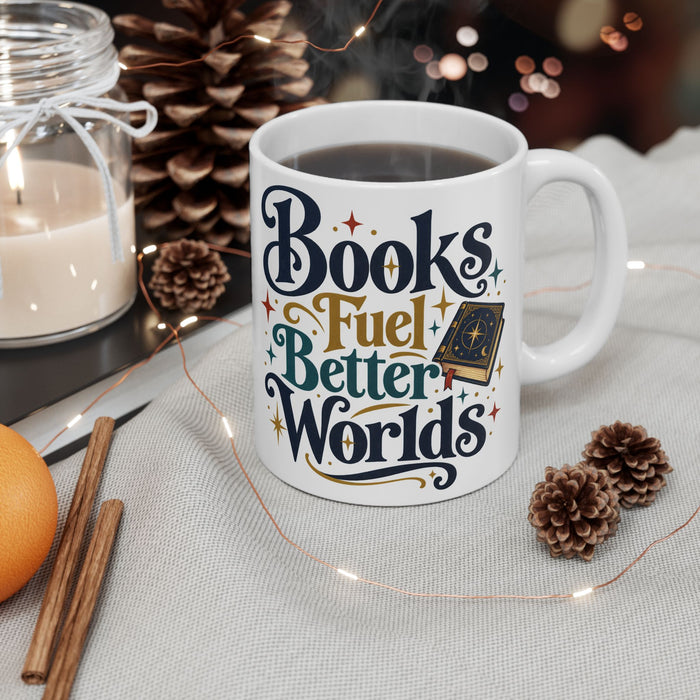 Books Fuel Better Worlds 11oz white ceramic coffee mug