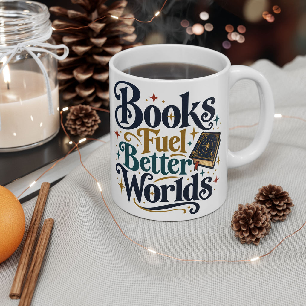 A white ceramic coffee mug with the phrase 'Books Fuel Better Worlds' in stylized navy and gold lettering, surrounded by cozy props like pinecones, fairy lights, cinnamon sticks, a candle, and an orange on a light fabric surface.