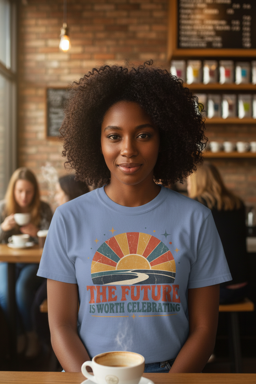A woman with curly dark hair wearing a light blue graphic t-shirt in a cozy, warm-toned coffee shop. The t-shirt features a retro sunset design with the text 'THE FUTURE IS WORTH CELEBRATING'.