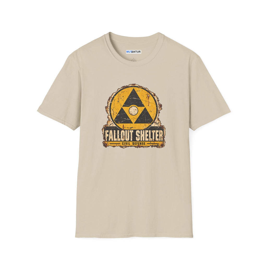 A beige  crew neck shirt with a vintage graphic depicting a  yellow and black  Fallout Shelter design with the words Civil Defense at the bottom