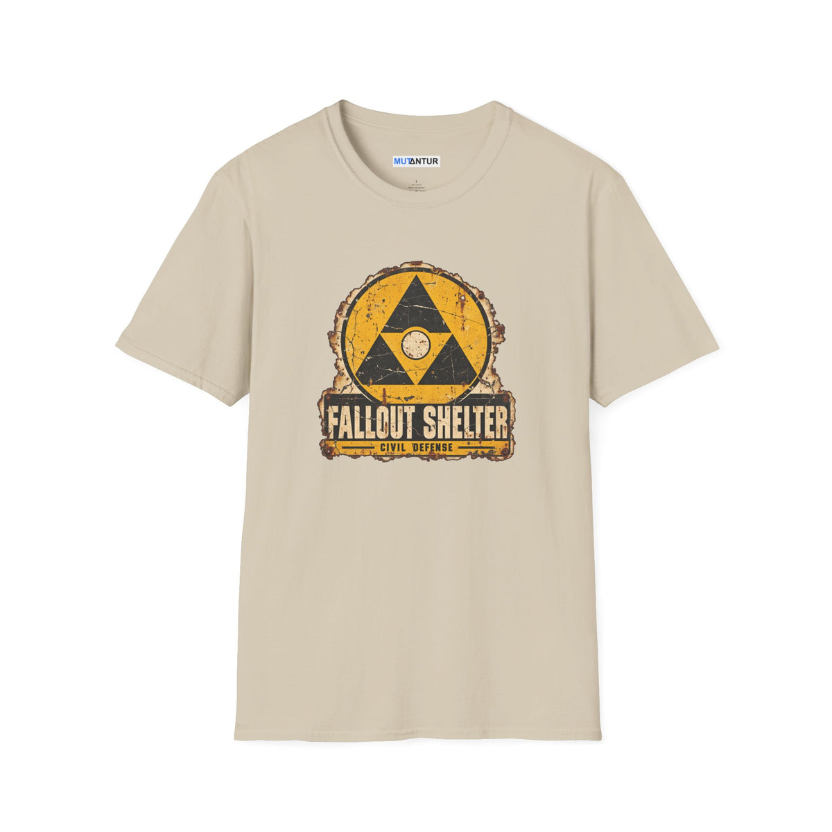 A beige  crew neck shirt with a vintage graphic depicting a  yellow and black  Fallout Shelter design with the words Civil Defense at the bottom