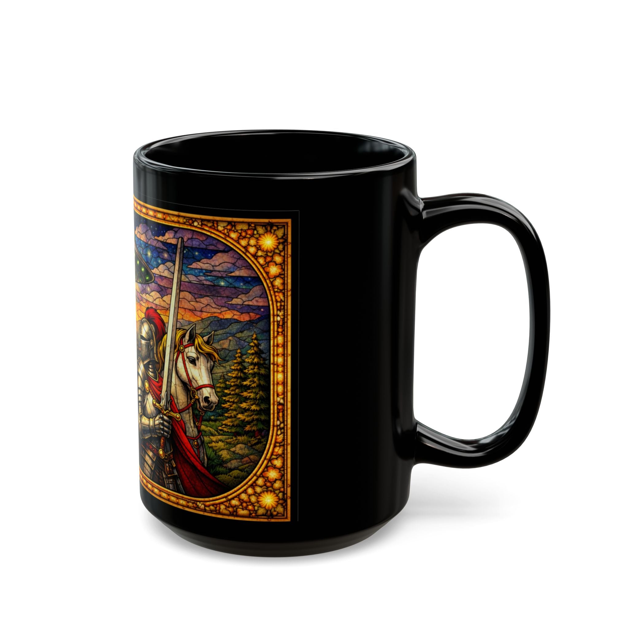 Fantasy Dragon Mug with Medieval Knight & UFO — Black 15 oz Ceramic Coffee Cup - Mutantur Labs LLC