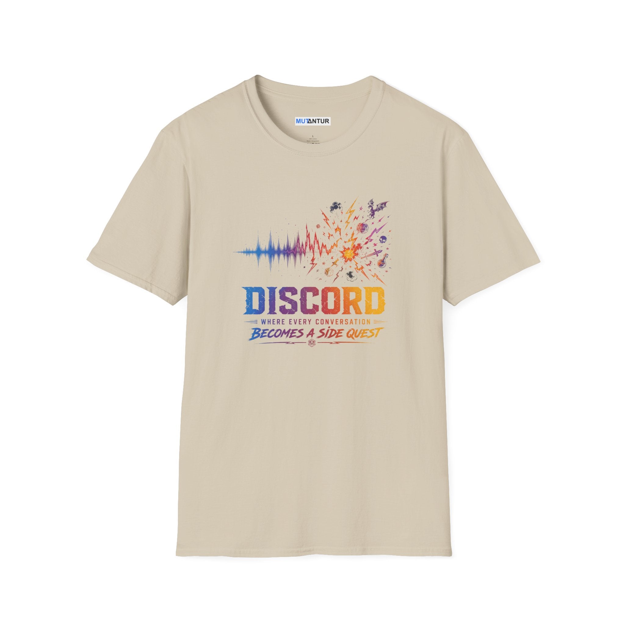 A beige crewneck t-shirt with a colorful graphic on the front featuring a soundwave, fireworks, and the text 'DISCORD' and 'WHERE EVERY CONVERSATION BECOMES A SIDE QUEST'.