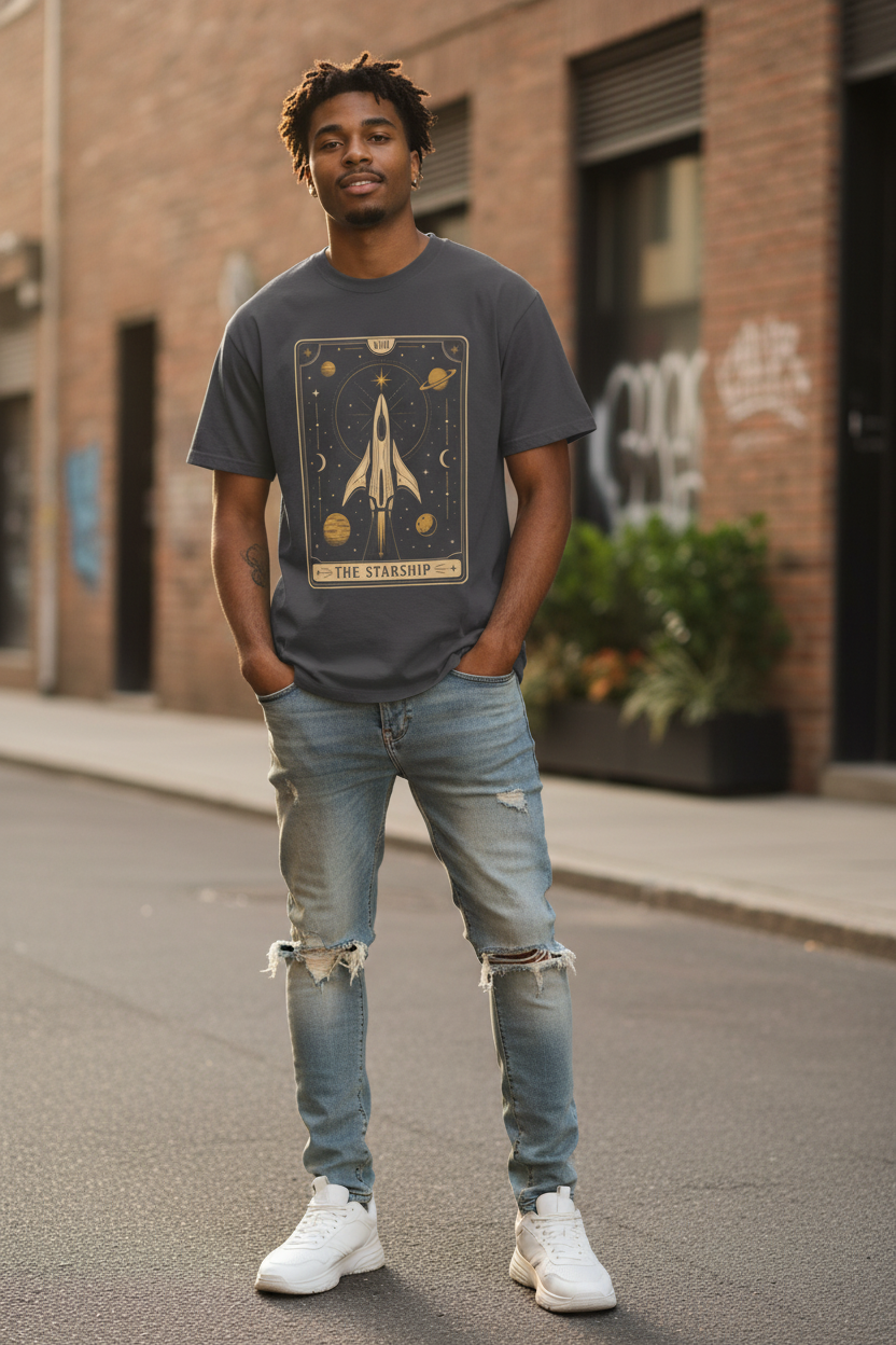 Starship Tarot Graphic T-Shirt — "The Starship" Vintage Space Tee - Mutantur Labs LLC