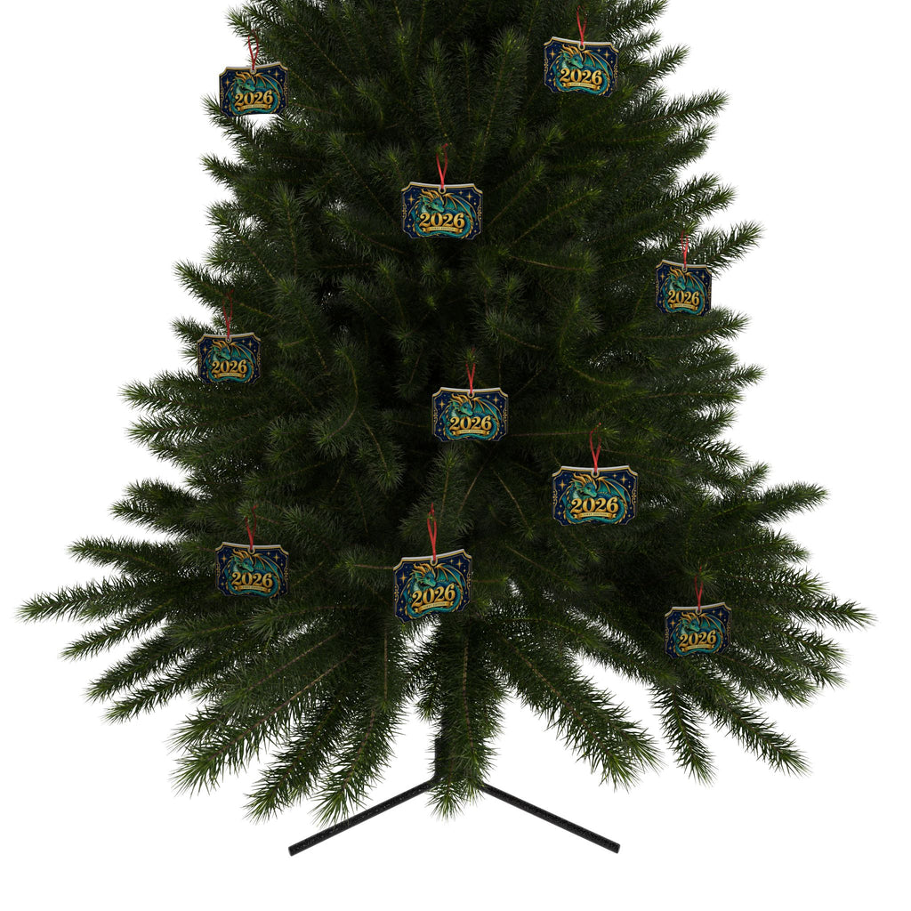 A green artificial Christmas tree on a black stand, decorated with multiple blue and gold square ornaments hanging from red ribbons against a plain white background.