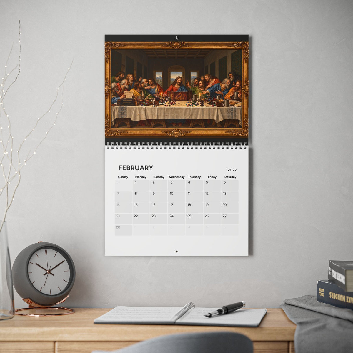 A spiral-bound wall calendar hanging on a light gray wall above a wooden desk. The top page shows a framed parody of the Last Supper with the diners playing Dungeons and Dragons, above the February 2027 calendar grid.