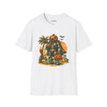 Summerween Beach Robot T-Shirt — Pumpkin-Head Robot Surfing Sunset Tee - Mutantur Labs LLC