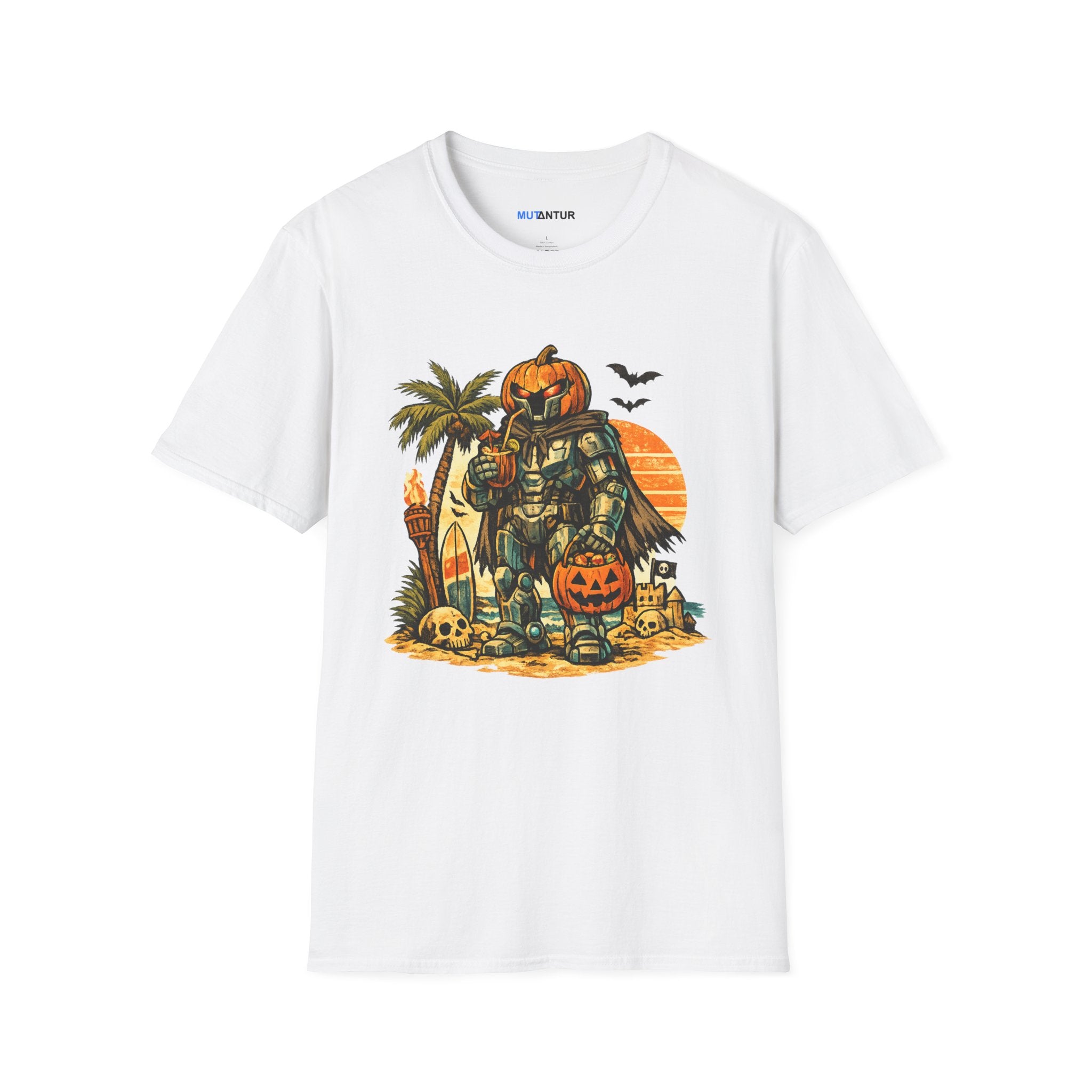 Summerween Beach Robot T-Shirt — Pumpkin-Head Robot Surfing Sunset Tee - Mutantur Labs LLC