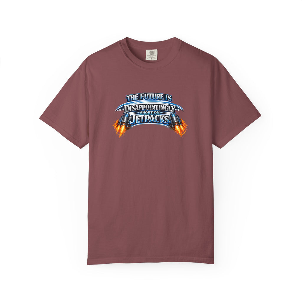 A maroon  short-sleeve crewneck t-shirt featuring a graphic print on the chest that reads 'THE FUTURE IS DISAPPOINTINGLY SHORT ON JETPACKS' in stylized blue and orange lettering with flame effects.
