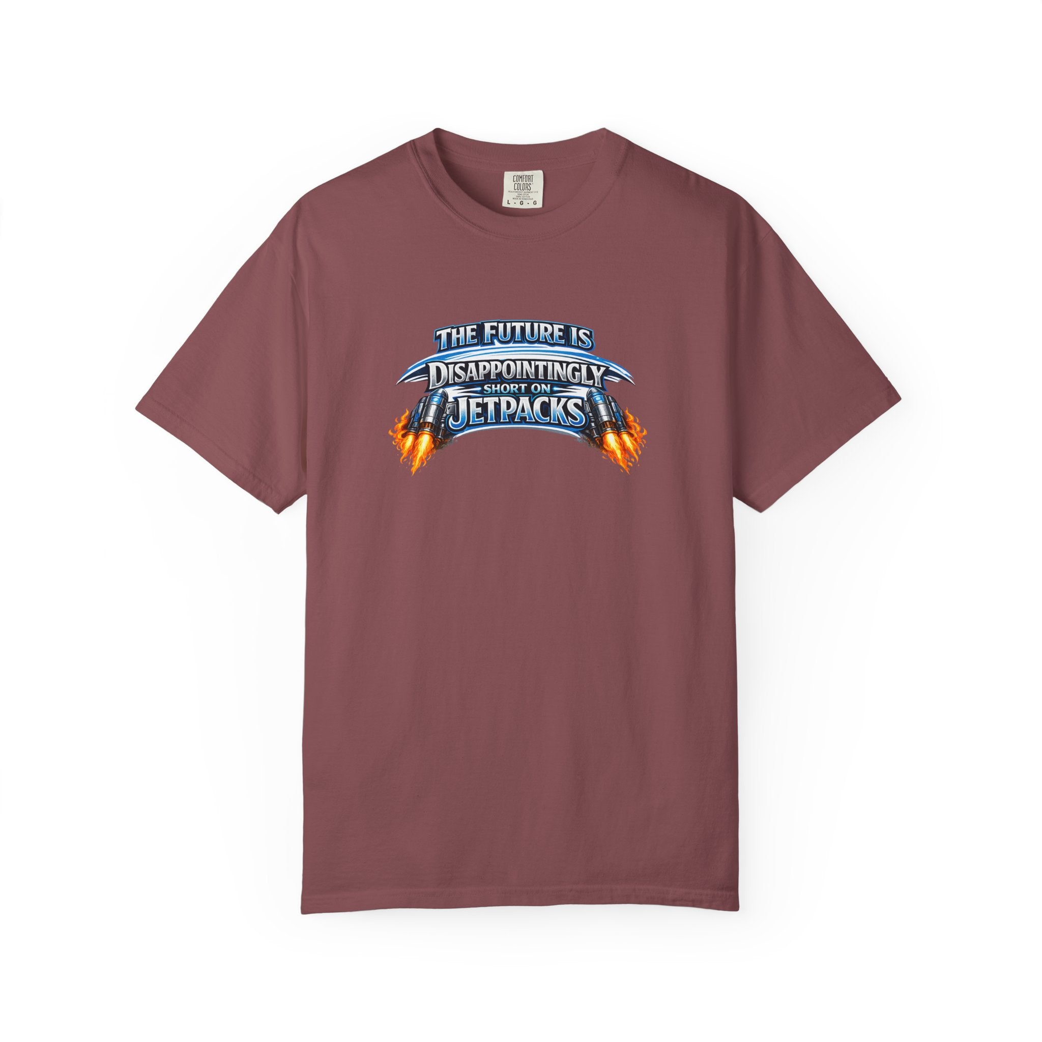 A maroon  short-sleeve crewneck t-shirt featuring a graphic print on the chest that reads 'THE FUTURE IS DISAPPOINTINGLY SHORT ON JETPACKS' in stylized blue and orange lettering with flame effects.