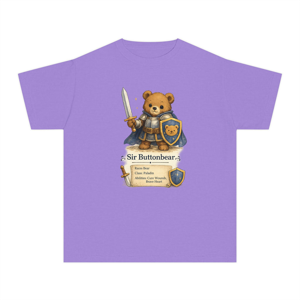 Purple t-shirt with a teddy bear graphic and text on a white background