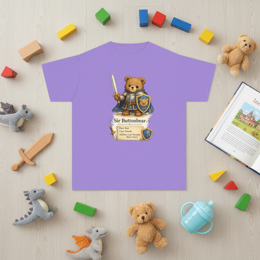 Purple t-shirt with a teddy bear graphic and text on a white background