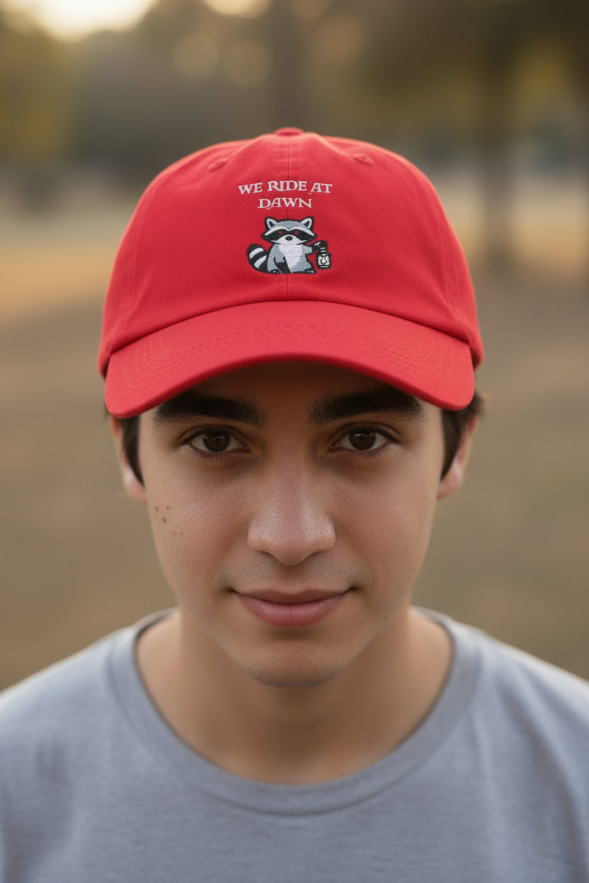 Raccoon Holding Lamp We Ride At Dawn Dad Cap | Classic Fantasy embroidered Baseball Hat - Mutantur Labs LLC