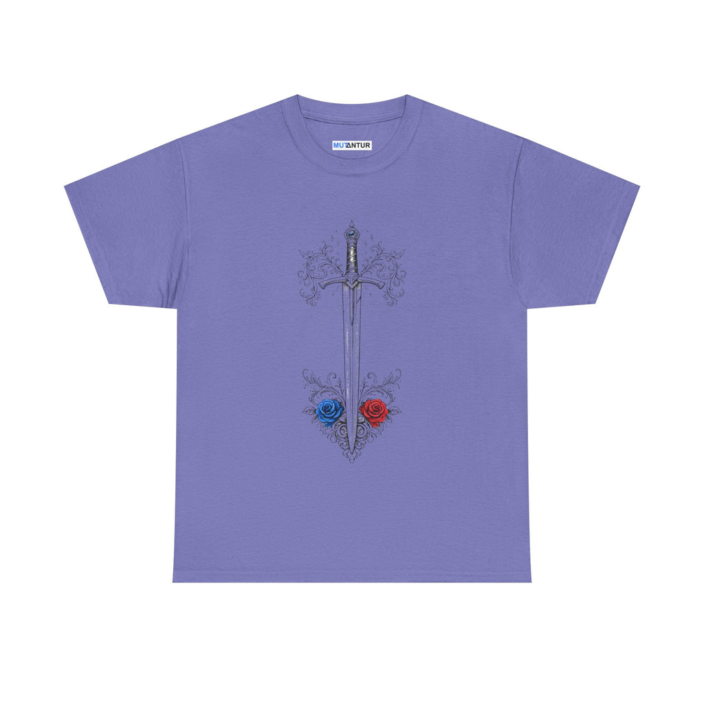 Sword and Roses Graphic Tee — Gothic Floral Sword T‑Shirt (Red & Blue Roses) - Mutantur Labs LLC