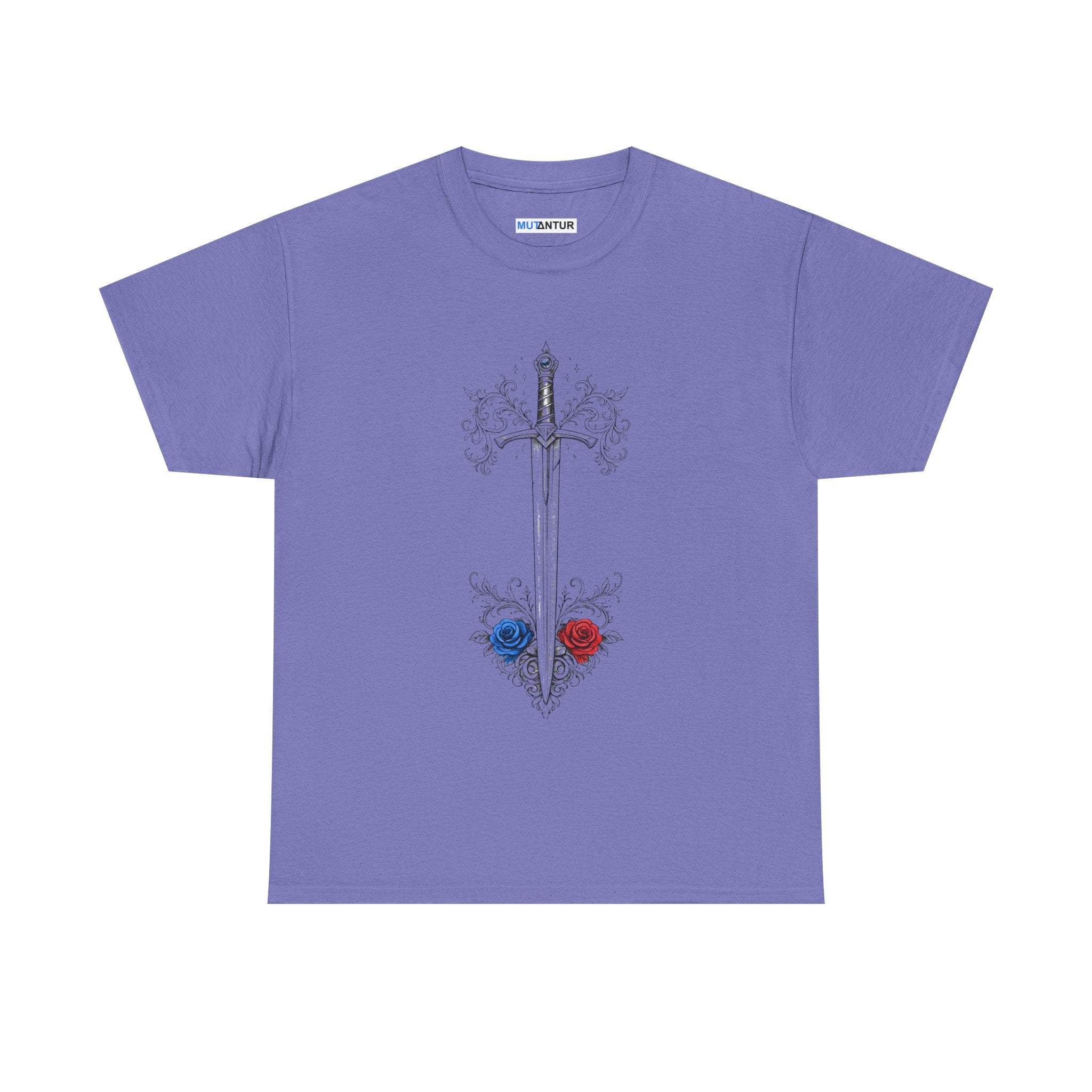 Sword and Roses Graphic Tee — Gothic Floral Sword T‑Shirt (Red & Blue Roses) - Mutantur Labs LLC