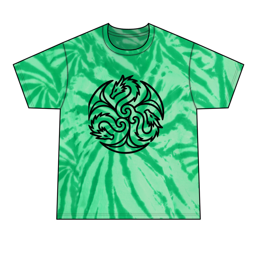 A green tie-dye t-shirt with a black circular dragon graphic printed on the chest, displayed on a solid white background.