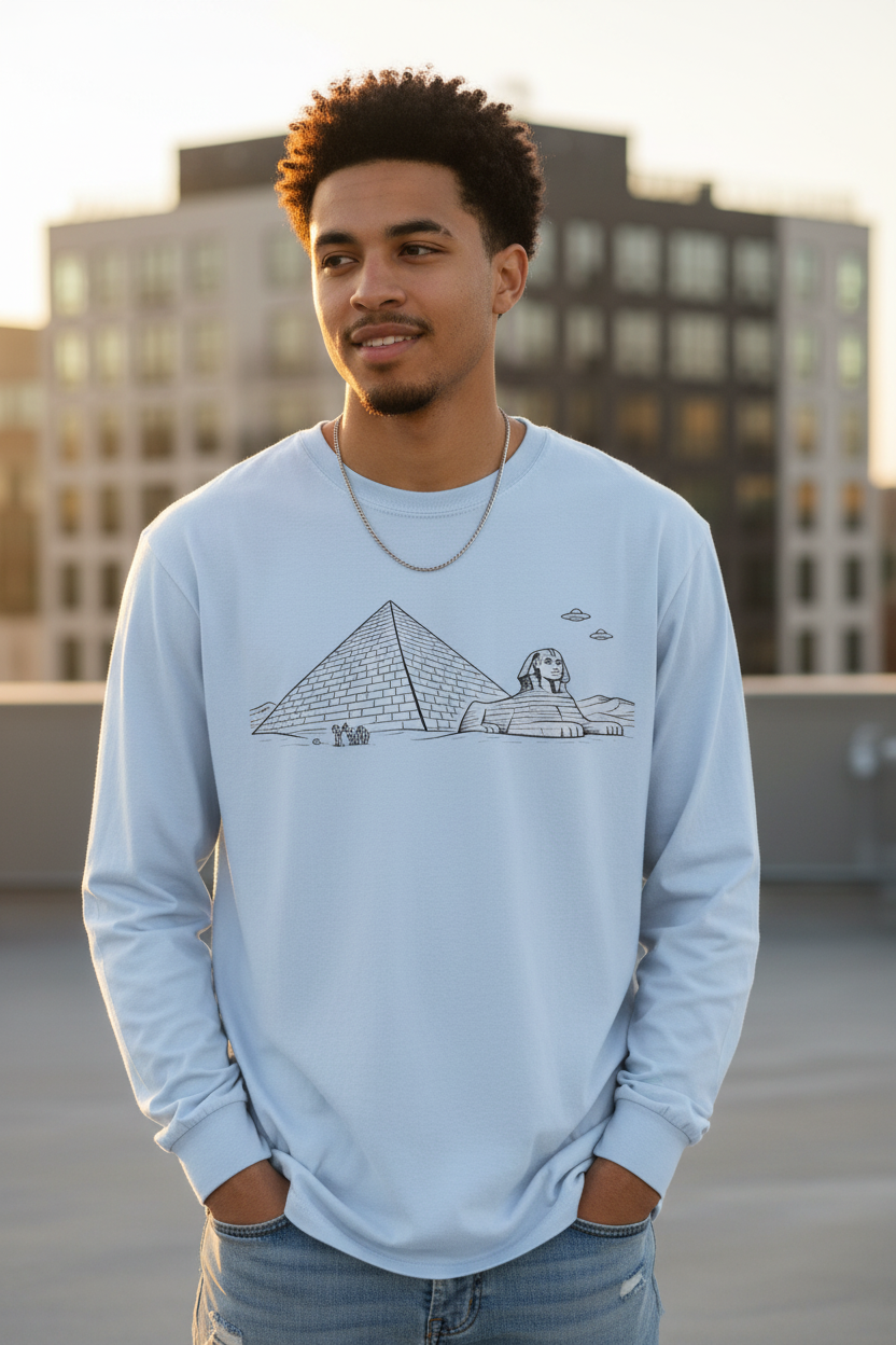 Egypt Pyramid, Aliens & Sphinx Line Art Long Sleeve Tee - Mutantur Labs LLC