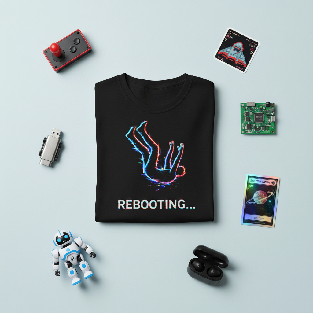 Rebooting funny falling figure graphic tee, back view