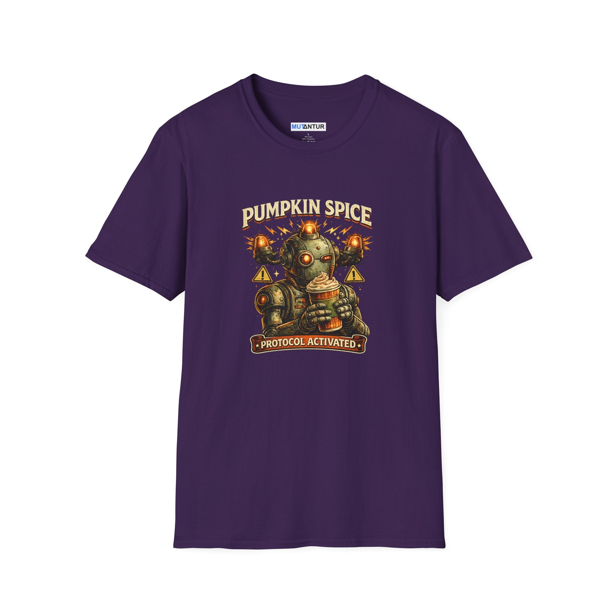 Purple short sleeved t shirt with a retro robot holding a large iced coffee with the words PUMPKIN SPICE PROTOCOL ACTIVATED