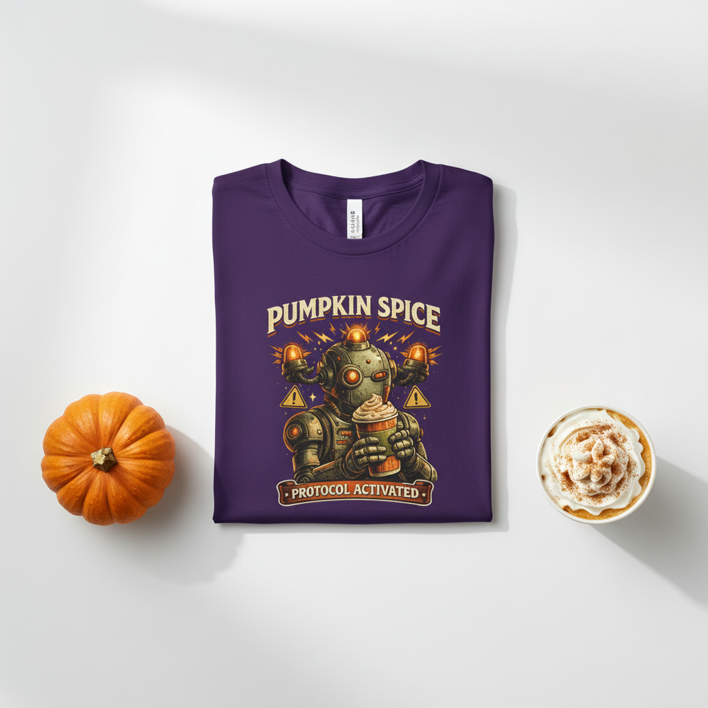 Purple short sleeved t shirt with a retro robot holding a large iced coffee with the words PUMPKIN SPICE PROTOCOL ACTIVATED