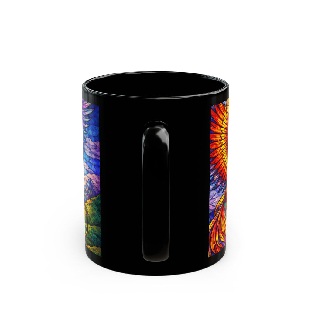Stained Glass style Gryphon & Phoenix Mug — 11oz Black Ceramic, Mythical Winged Creature Coffee Cup - Mutantur Labs LLC