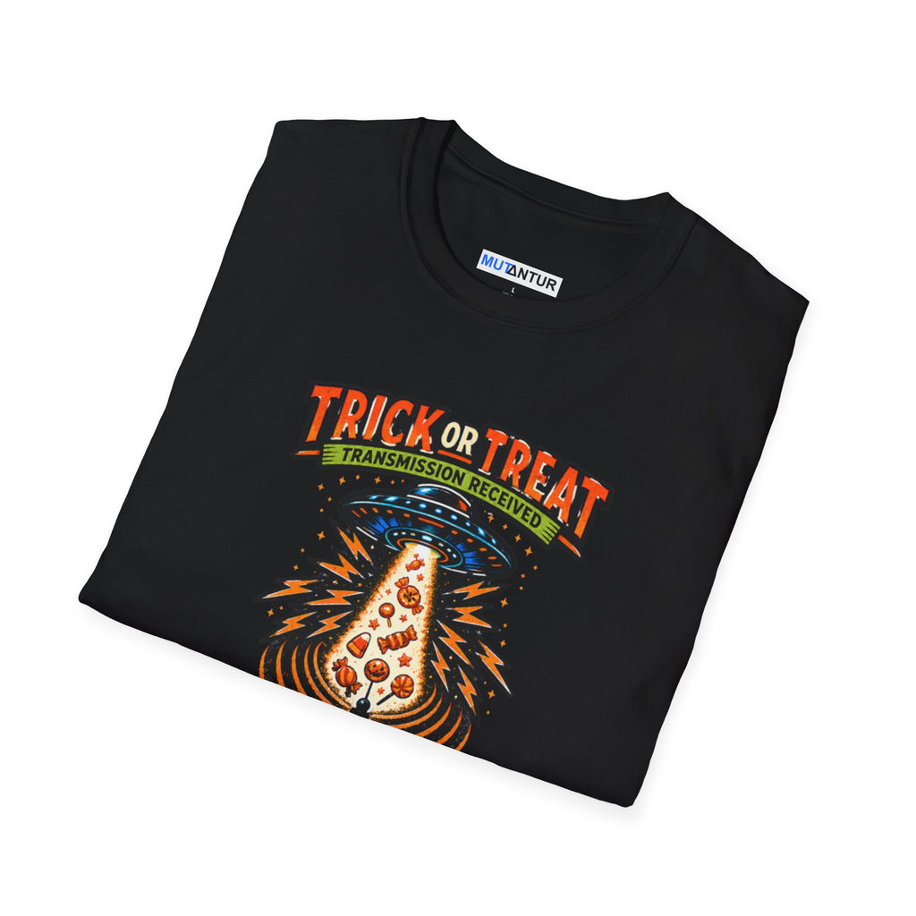 Trick or Treat UFO T-Shirt — Retro Halloween Alien Candy Abduction Tee