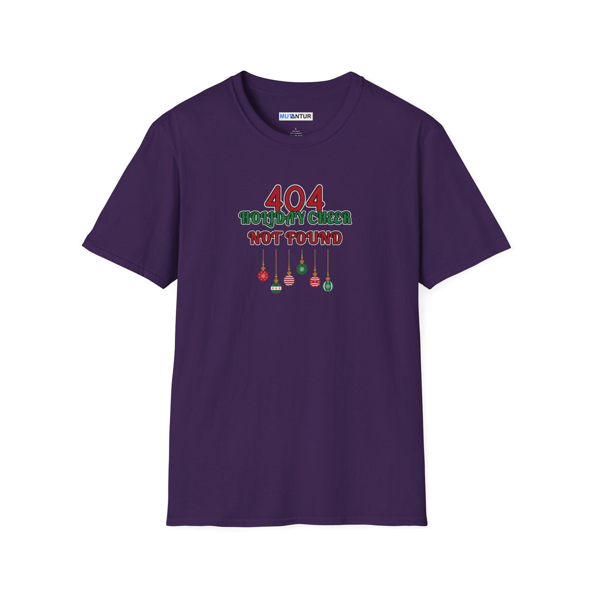 A purple short-sleeve crewneck t-shirt with a graphic on the chest that reads '404 HOLIDAY CHEESE NOT FOUND' in red and green text with hanging ornaments below, shown on a plain white background.