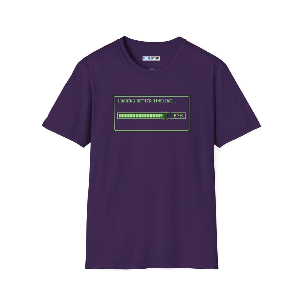 Purple t shirt with a green loading bar with the words Loading Better timeline