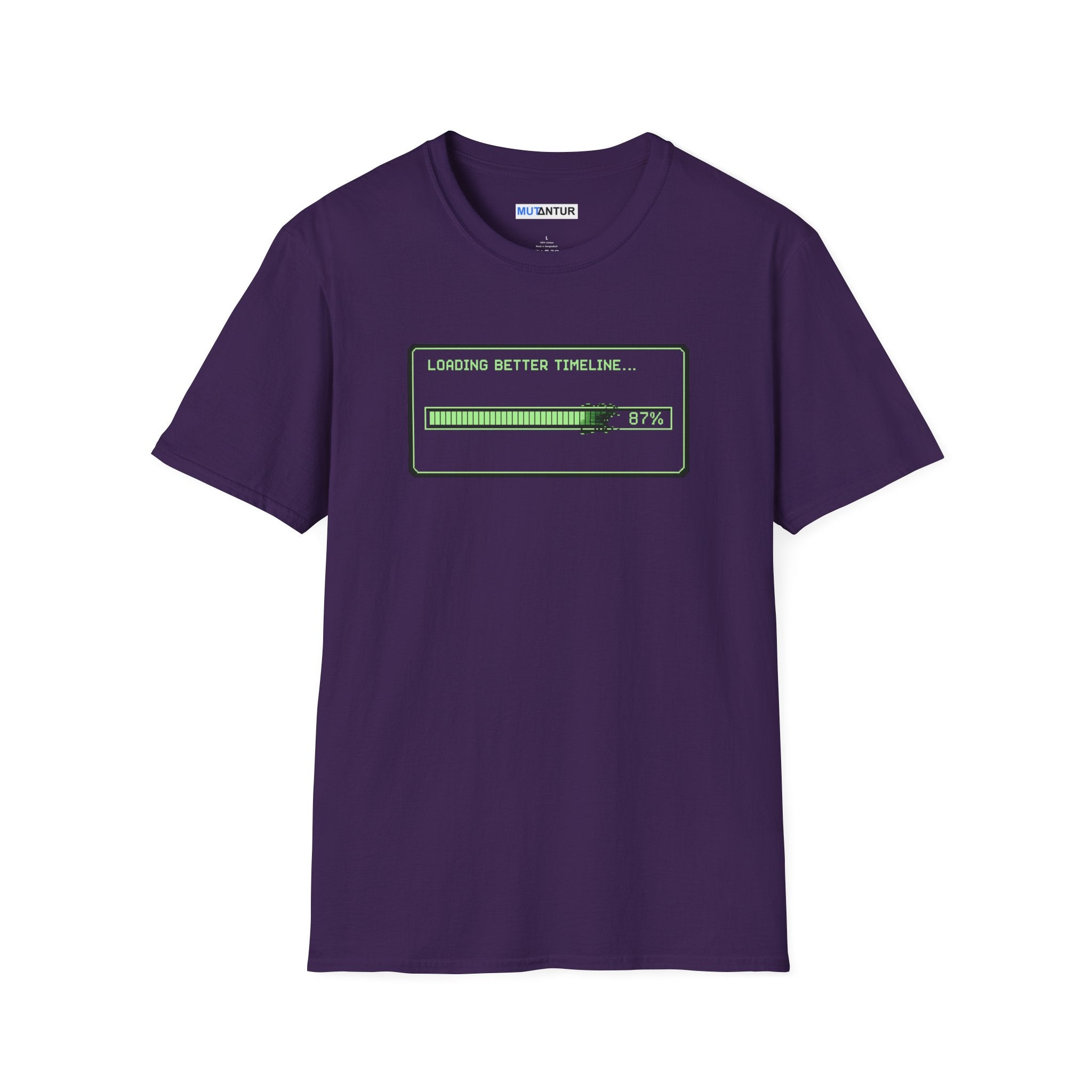 Purple t shirt with a green loading bar with the words Loading Better timeline