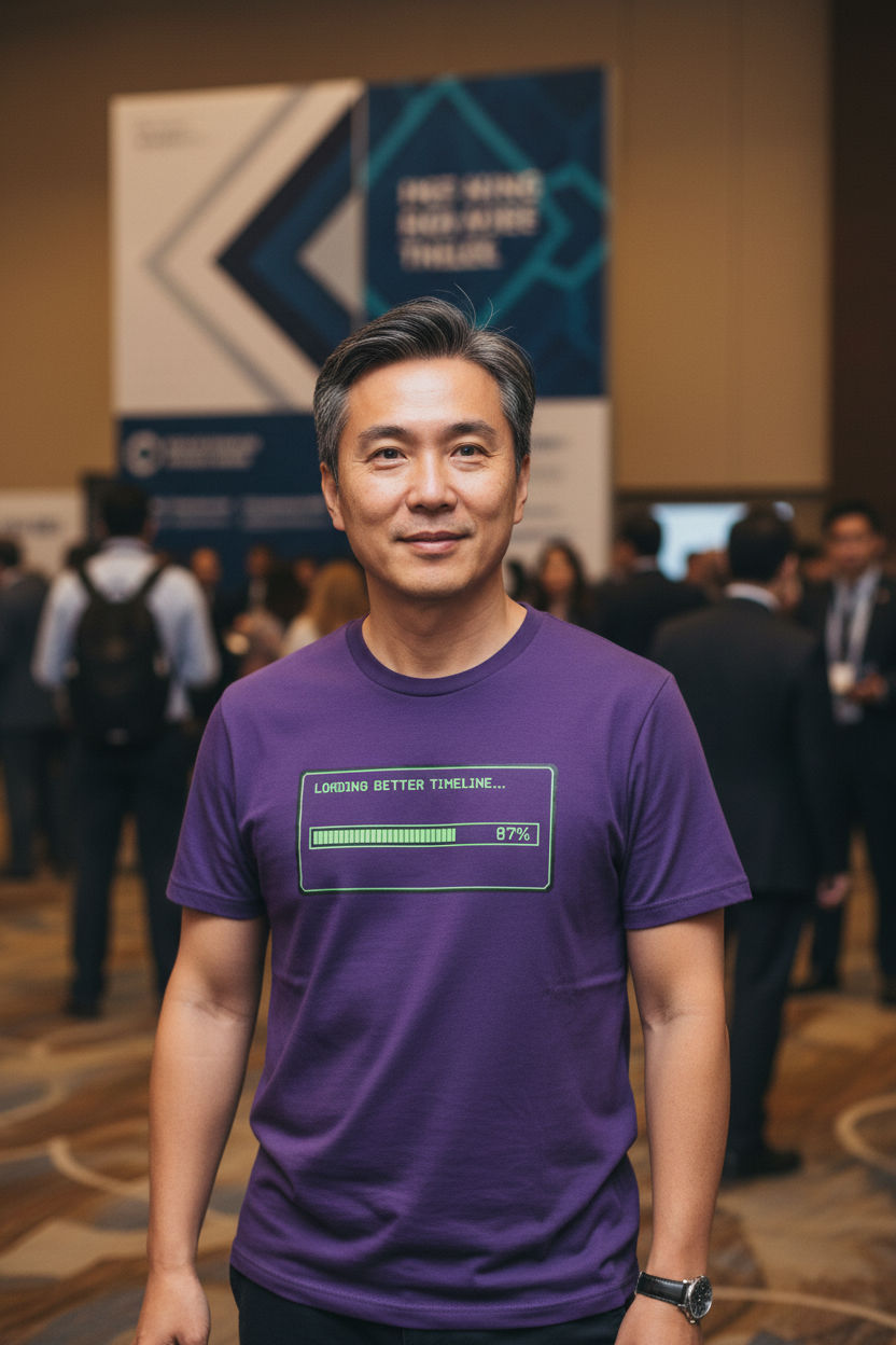 Purple t-shirt with retro 'Loading Better Timeline' progress bar graphic, flat mockup