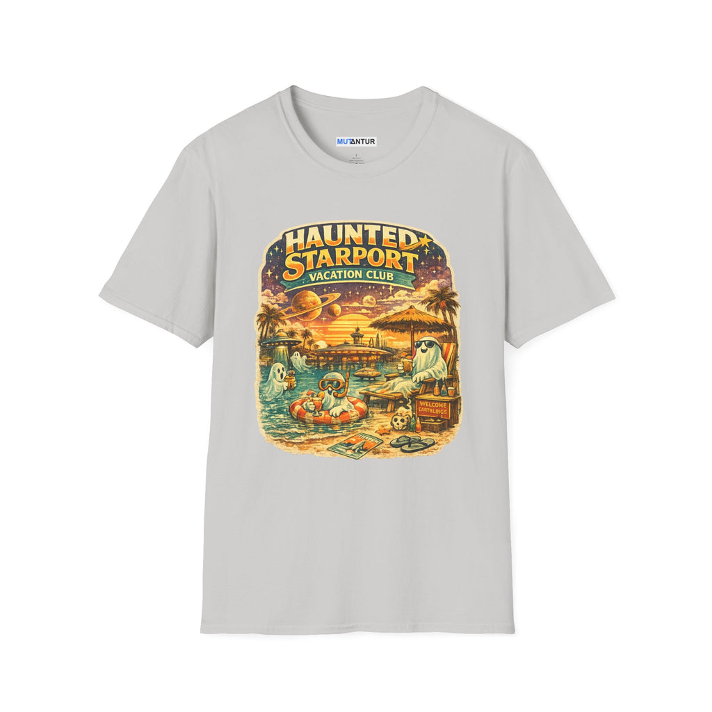 Haunted Starport Vacation Club T-Shirt – Funny Retro Sci-Fi Summerween Tee - Mutantur Labs LLC