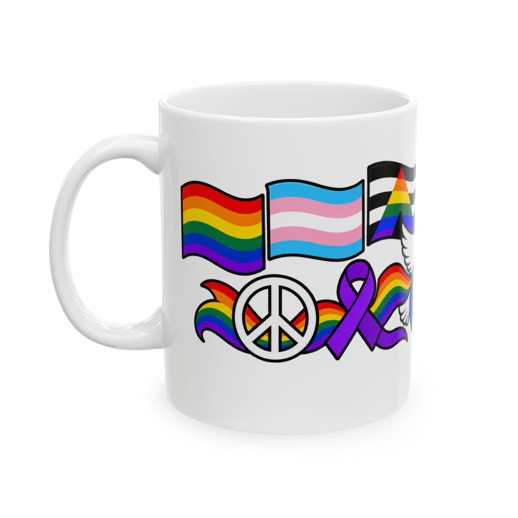 A white ceramic mug featuring a colorful graphic design with Progress Pride flags, a peace sign, and awareness ribbons on a clean white background.