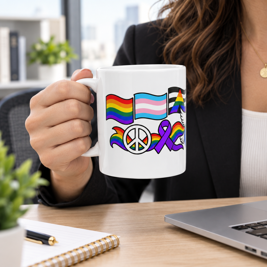 A person in a black blazer holds a white ceramic mug featuring pride flags and symbols, including rainbow, trans, black and pink, peace, and awareness ribbons. The mug is shown in a real office setting on a wooden desk with a laptop, notebook, and plants in the background.