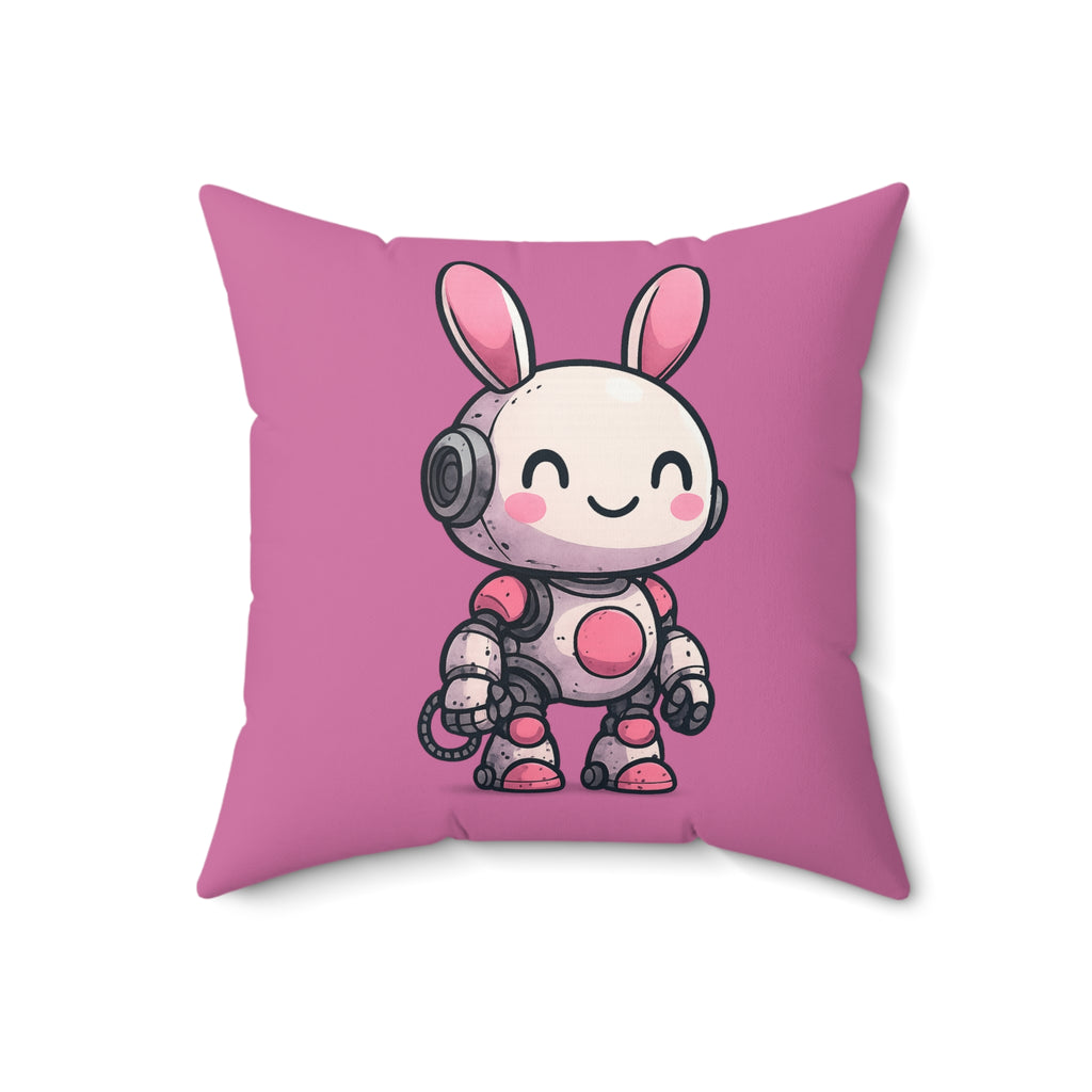 Happy Pink Robot Pillow – Whimsical Robot Bunny Square Throw Pillow