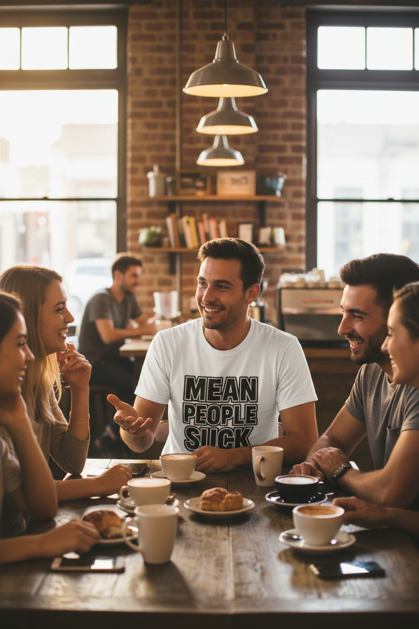 Mean People Suck retro statement t-shirt, on-model front view