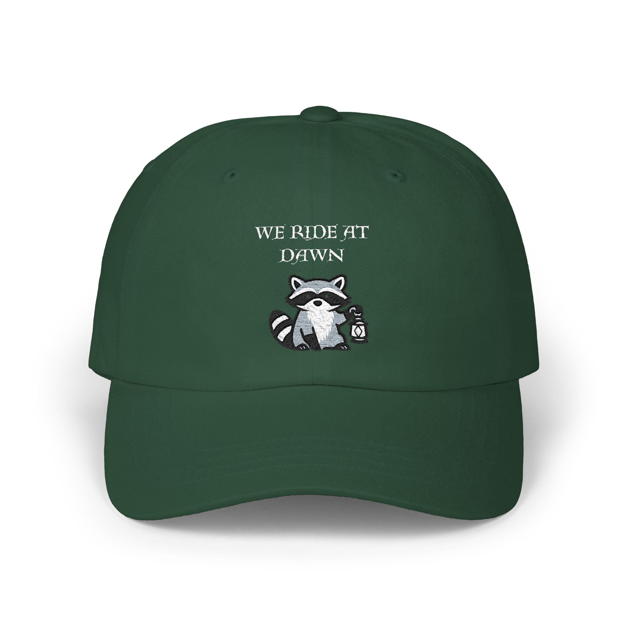 Raccoon Holding Lamp We Ride At Dawn Dad Cap | Classic Fantasy embroidered Baseball Hat - Mutantur Labs LLC